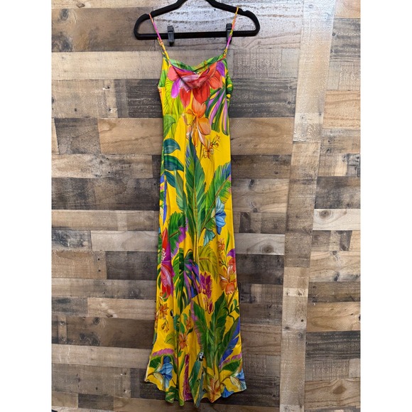 Farm Rio Yellow Tropical Parrot Hibiscus Floral Maxi Dress Small Spaghetti Strap - Picture 3 of 8